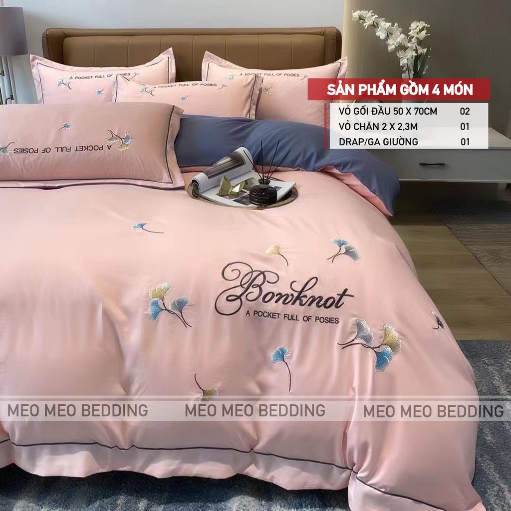 Bộ Chăn Ga Gối Cotton Nilen Bonknot Thêu Họa Tiết Nhập Khẩu Cao Cấp - Sét 4 Món - Cotton Linen | BigBuy360 - bigbuy360.vn
