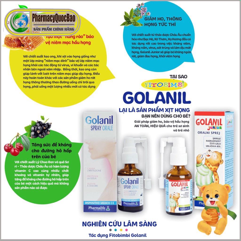 Golanil Spray Orale  Xịt họng - Giúp giảm ho, viêm họng, nóng rát họng, thông họng tức thì cho bạn [ Lọ 30ml]