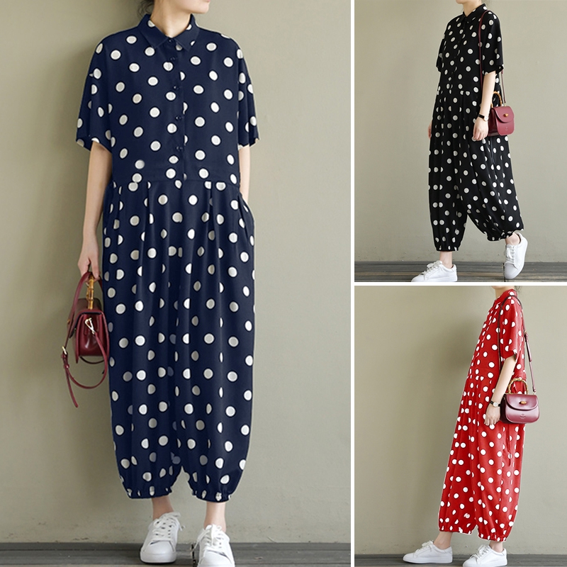 ZANZEA Jumpsuit Dài Họa Tiết Chấm Bi Cổ Điển Cho Nữ