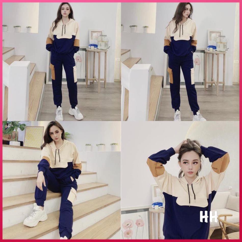 Bộ Thể Thao Nữ Thu Đông, Bộ Hoodie Nữ Phối 3 Màu Có Mũ Kèm Dây Rút, Quần Túi Hộp Cá Tính Hot Hit Của Năm 2021.