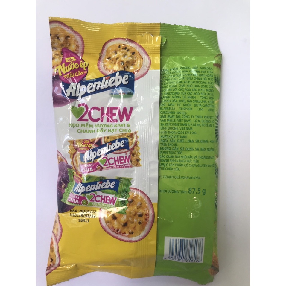 Kẹo Mềm Hương Kiwi Và Chanh Dây Hạt Chia Alpenliebe 2Chew (Gói 87.5g- nhỏ)
