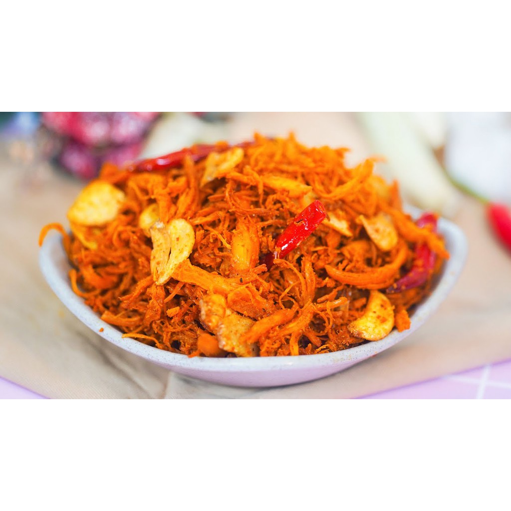 Khô gà bơ tỏi xé cay loại hộp 300g shop 3AE đồ ăn vặt ngon bổ rẻ Hà Nội | BigBuy360 - bigbuy360.vn