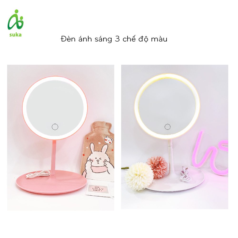 Gương để bàn-gương trang điểm đèn led hồng/trắng pastel SK