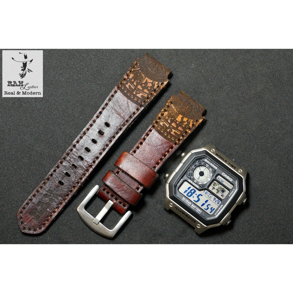 Dây đồng hồ RAM Leather cho CASIO 1200, AE 1200, 1300, 1100, A159 , A168 , Size 18 da bò Italia Vegtan màu burgundy
