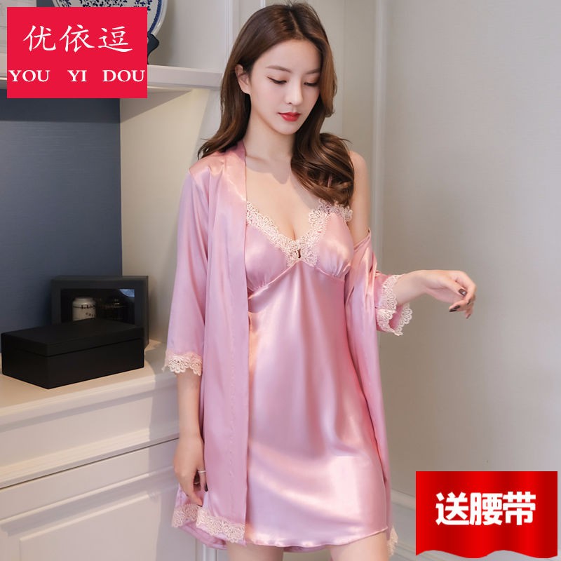 【Sẵn sàng giao hàng】áo choàng tắm áo choàng tắm[có đệm ngực] Pyjamas nữ váy ngủ lụa băng mùa hè gợi cảm h