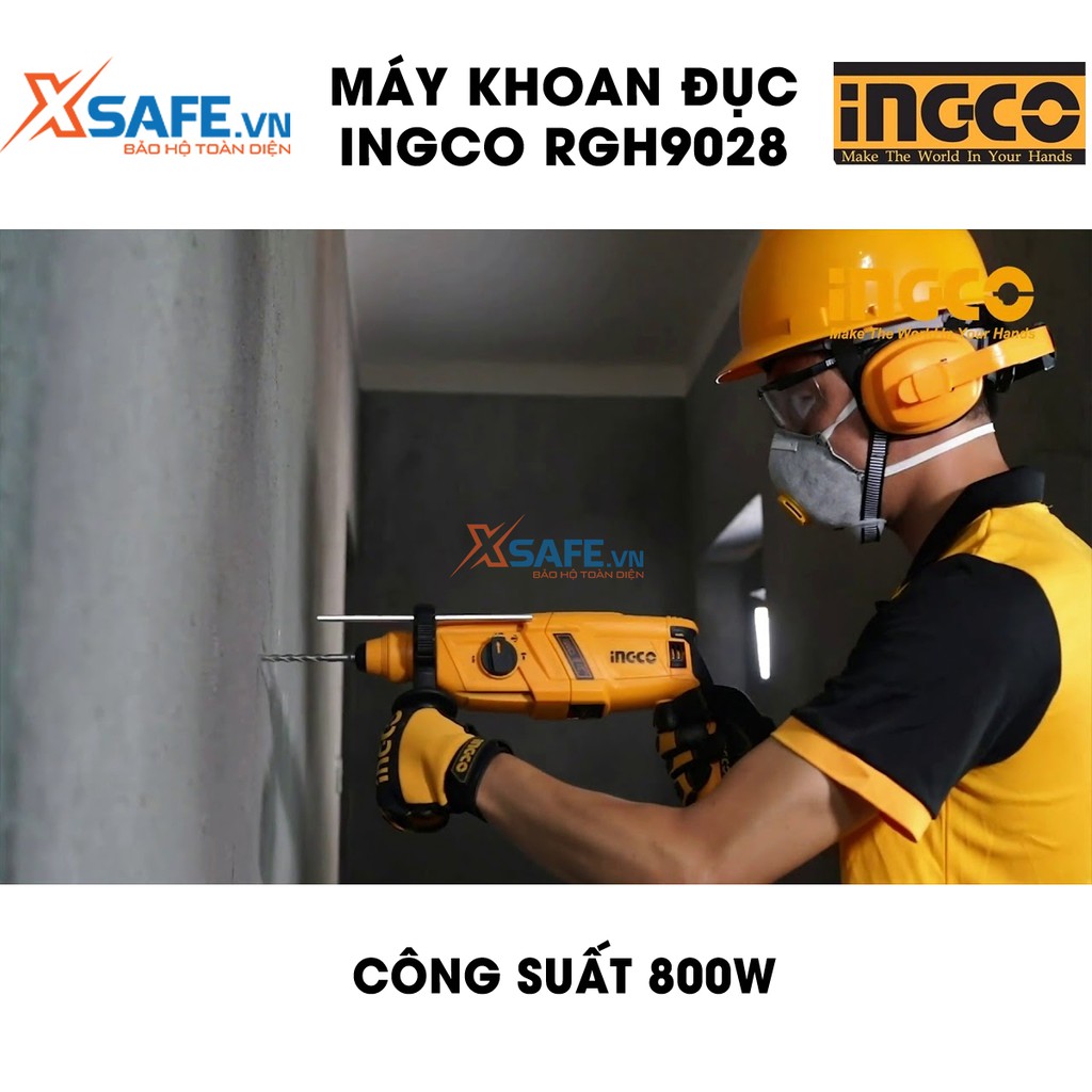Máy khoan búa dùng pin 3 chức năng 800W INGCO RGH9028 đầu gài sds plus, tốc độ 1200 rpm tốc độ búa 5300bpm, lực đập 2.5j