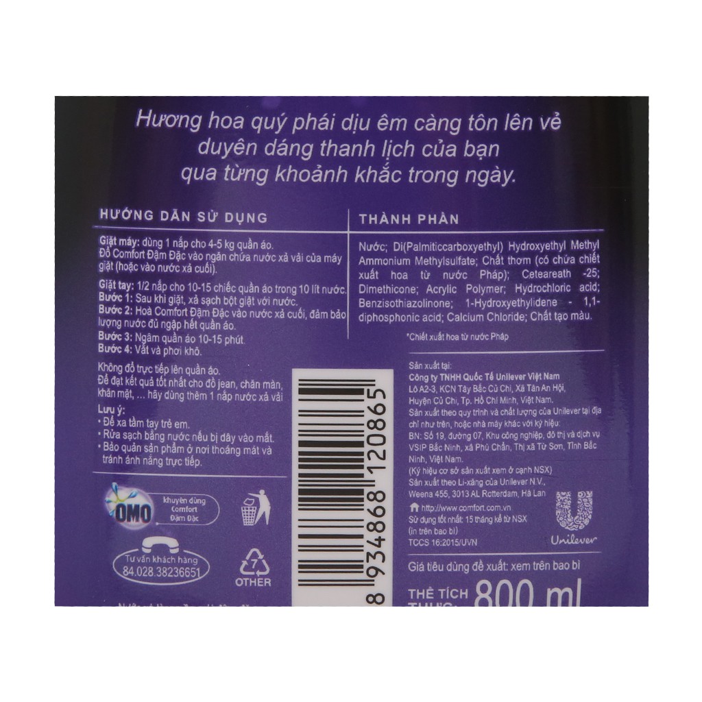 Nước xả vải Comfort hương nước hoa (chai 800ml)