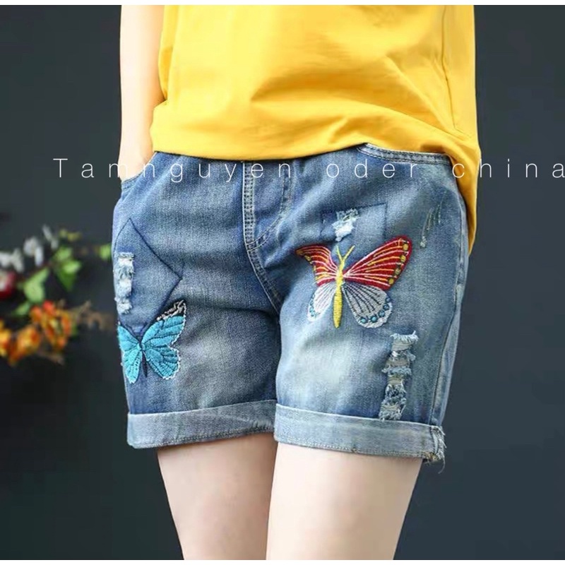 Quần sooc jean nữ thêu hoạ tiết ,cạp chun mềm dễ chịu
