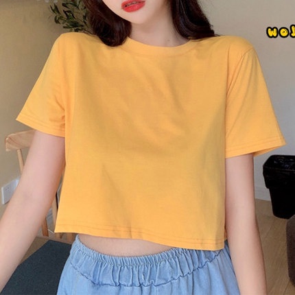 Áo croptop nữ cổ tròn, tay ngắn trơn, form rộng unisex từ 40-65kg mặc đẹp