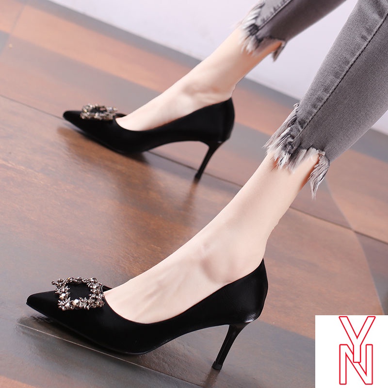 Giày Cao Gót Da Lộn Mũi Nhọn Màu Đen Đính Đá Phong Cách Pháp Thời Trang Xuân Thu Sành Điệu Cho Nữ 2021