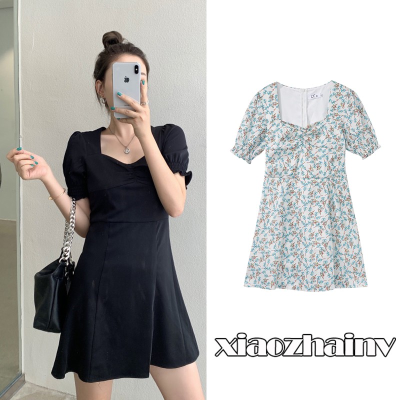 Xiaozhainv Đầm Tay Ngắn Cổ Vuông Họa Tiết Hoa/Màu Trơn Xinh Xắn Thời Trang Phong Cách Cổ Điển | BigBuy360 - bigbuy360.vn