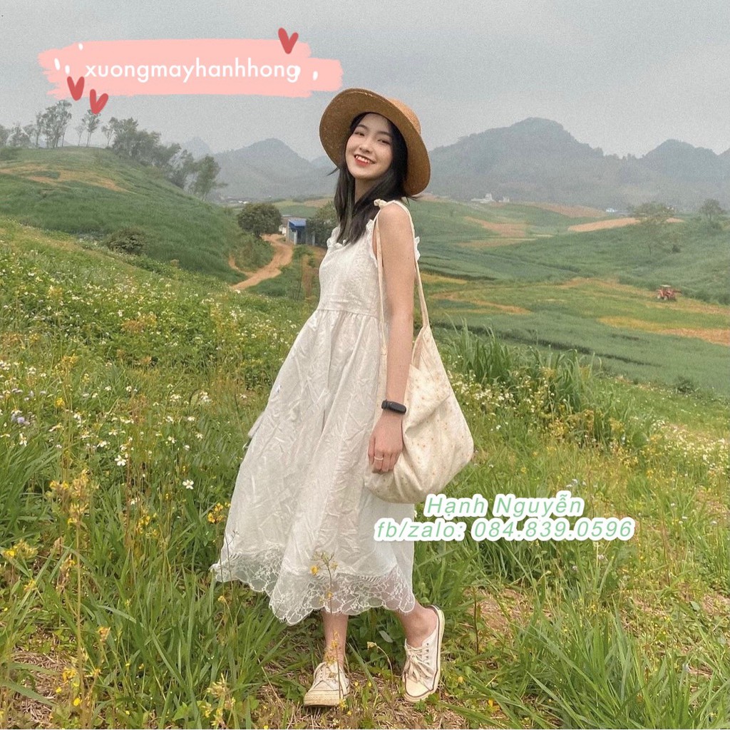 Váy 2 dây maxi ren trắng Ulzzang Quảng Châu cực xinh đi biển, du lịch, Đầm xoè hai dây - Xưởng May Hạnh Hồng | BigBuy360 - bigbuy360.vn