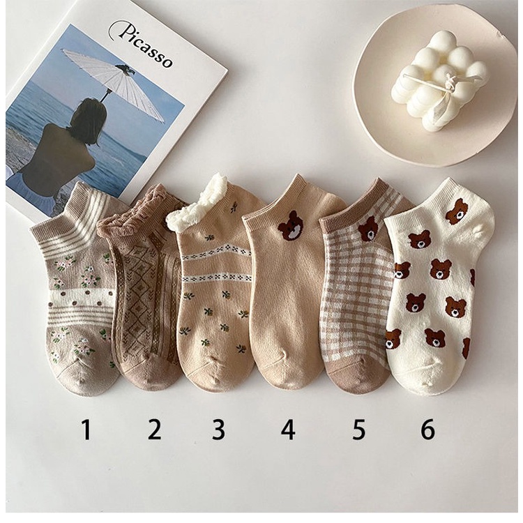 Tất nữ cổ ngắn gấu nâu , vớ nữ chất liệu cotton thoáng mát phong cách vintage - T074