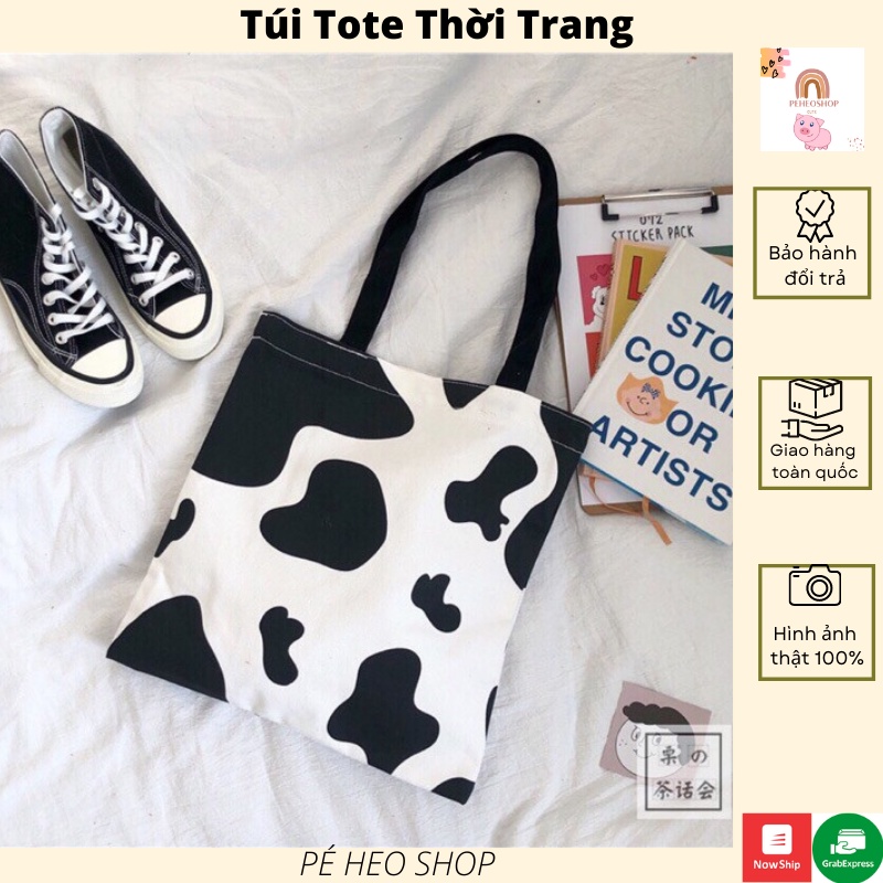 Túi Tote Bò Sữa TBS01 Vải canvas Hàn Quốc có khóa kéo miệng và Túi Mini bên trong - PÉ HEO SHOP