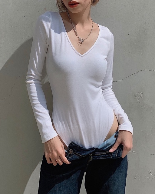 Bodysuit jumsuit tay dài cổ tim sexy thun cotton đứng form Áo liền quần đồ bơi | BigBuy360 - bigbuy360.vn