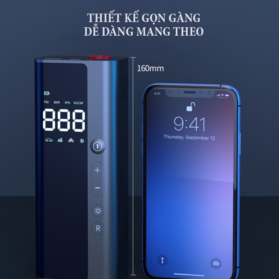 Máy Bơm Lốp Xe Ô tô Cầm Tay Tự Động Cao Cấp, Máy Bơm Hơi Ô Tô Điện Tử Kiêm Sạc Dự Phòng, Bơm Xe Bơm Bóng Chip Thông Minh