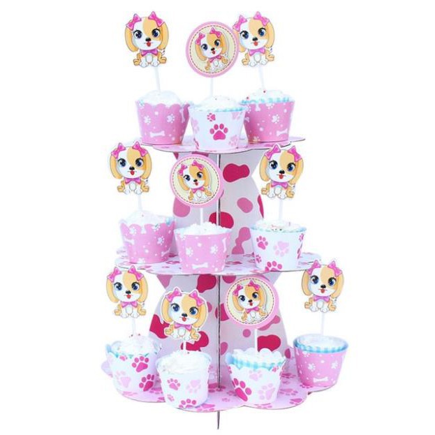 Tháp bánh 3 tầng , tem cắm + ly cupcake mẫu bé gái