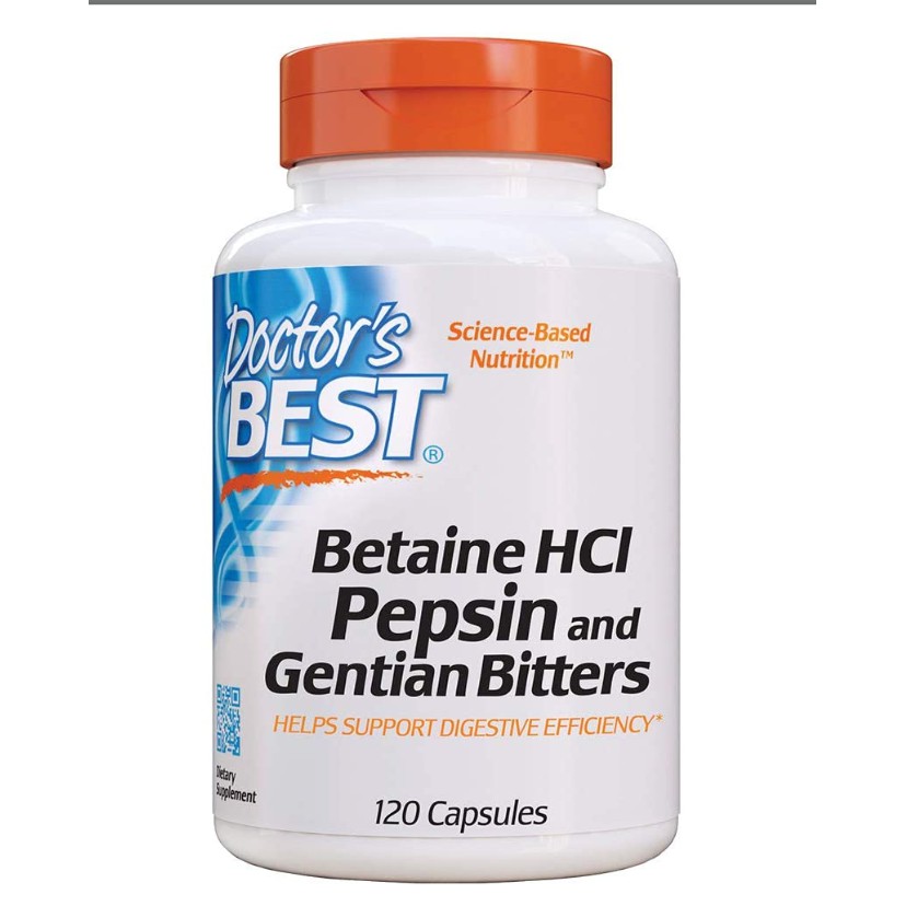 Doctor's Best Betaine HCI Pepsin & Gentian Bitters, Enzyme hỗ trợ tiêu hóa và hấp thụ protein 120V