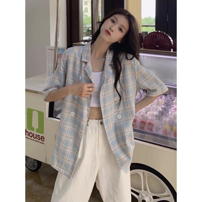 [ODER ]Áo Blazer ngắn tay kẻ caro phong cách thời trang ulzzang | BigBuy360 - bigbuy360.vn