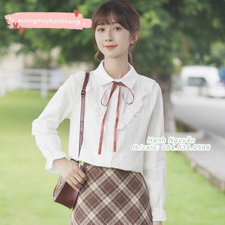 Áo sơ mi trắng nữ viền bèo ulzzang buộc nơ Hàn Quốc