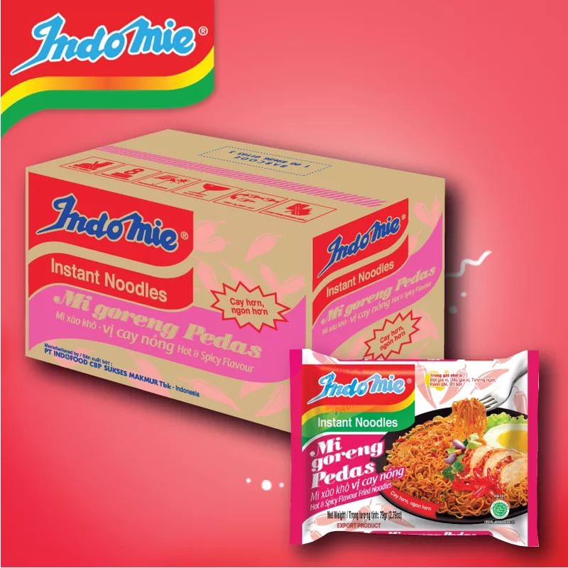 Thùng 40 Gói Mì Trộn Indomie Mix Đủ Vị: Đặc Biệt, Cay Nồng, Sườn Cay, Bò Cay, Gà Giòn Cay, Ớt Xanh