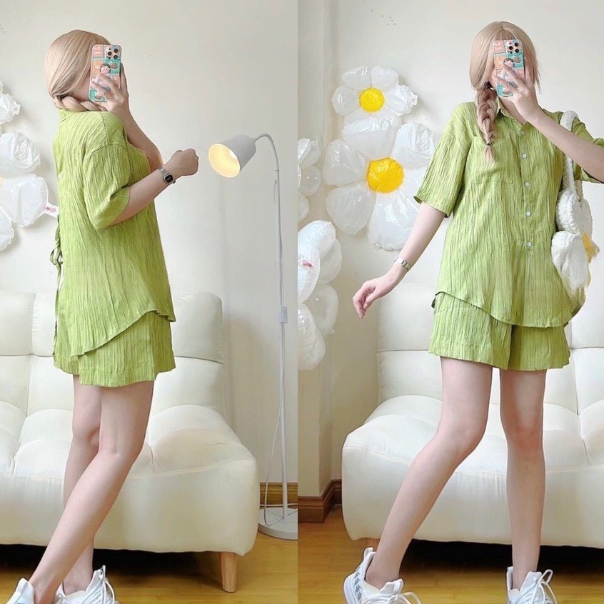 Set áo sơ mi xẻ thắt nơ phía sau + quần short chất đũi xước nhiều màu Okélla