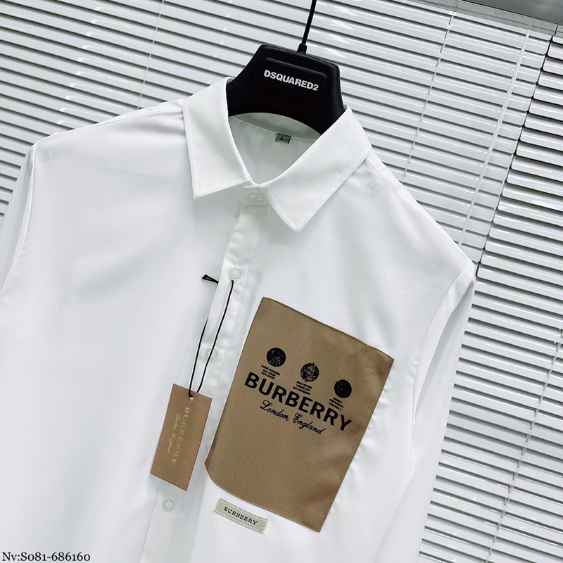 Áo sơ mi burberry nam trắng dài tay thêu mác logo chữ trước ngực chất vải lụa cao cấp mềm mịn đẹp SM03P
