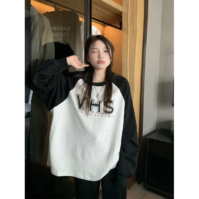 Jiashucheng Áo Thun Tay Dài Dáng Rộng Phối Màu Tương Phản Thời Trang Mùa Thu Kiểu Mới Cho Nữ 150kg Plus Size mm100kg