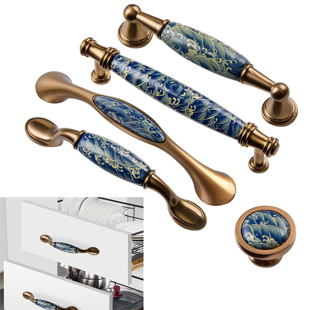 Tay Nắm Cửa Bằng Gốm Sứ Họa Tiết Lá Cây Màu Xanh Dương