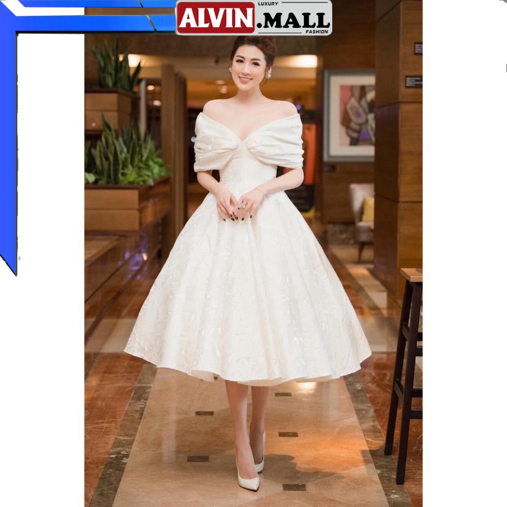 ✨Hình khách FEEDBACK✨ Đầm Xoè Gấm Dài Kiểu Dự Tiệc Hở Vai Ngang Sang Trọng ALVIN.MALL