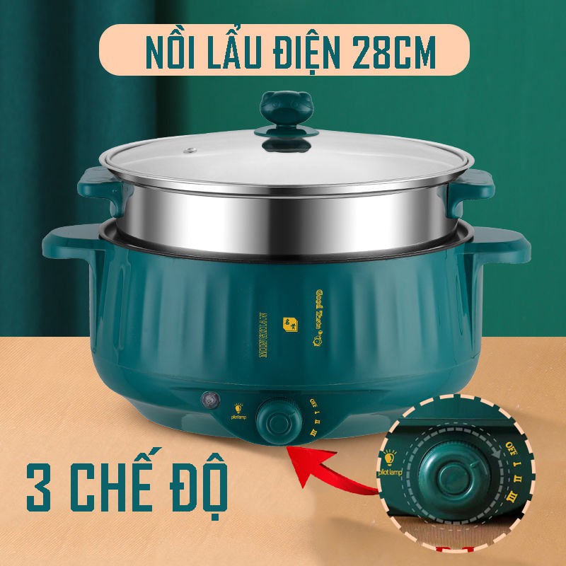 Nồi Lẩu Điện Mini 28CM Công Suất 1000W, Chống Dính Vân Đá Cao Cấp - Bếp Lẩu Gia Đình Kèm Giá Hấp BẢO HÀNH 12 THÁNG