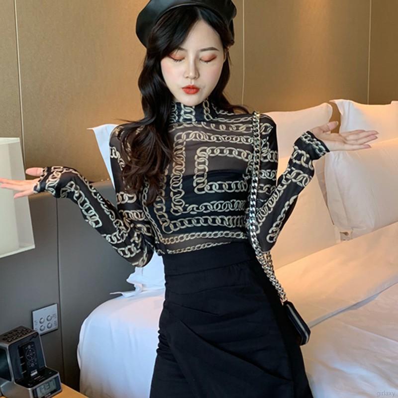 Áo Thun Tay Dài Phối Lưới Xuyên Thấu Phong Cách Hàn Quốc