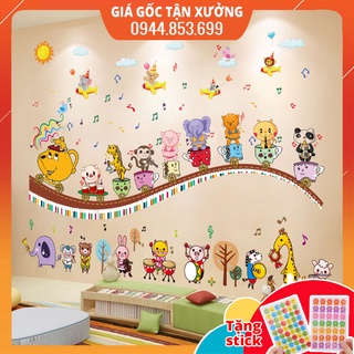 Combo 2 tranh dán tường, giấy decal dán tường cho bé về động vật yêu âm nhạc, đề can dán tường cho bé