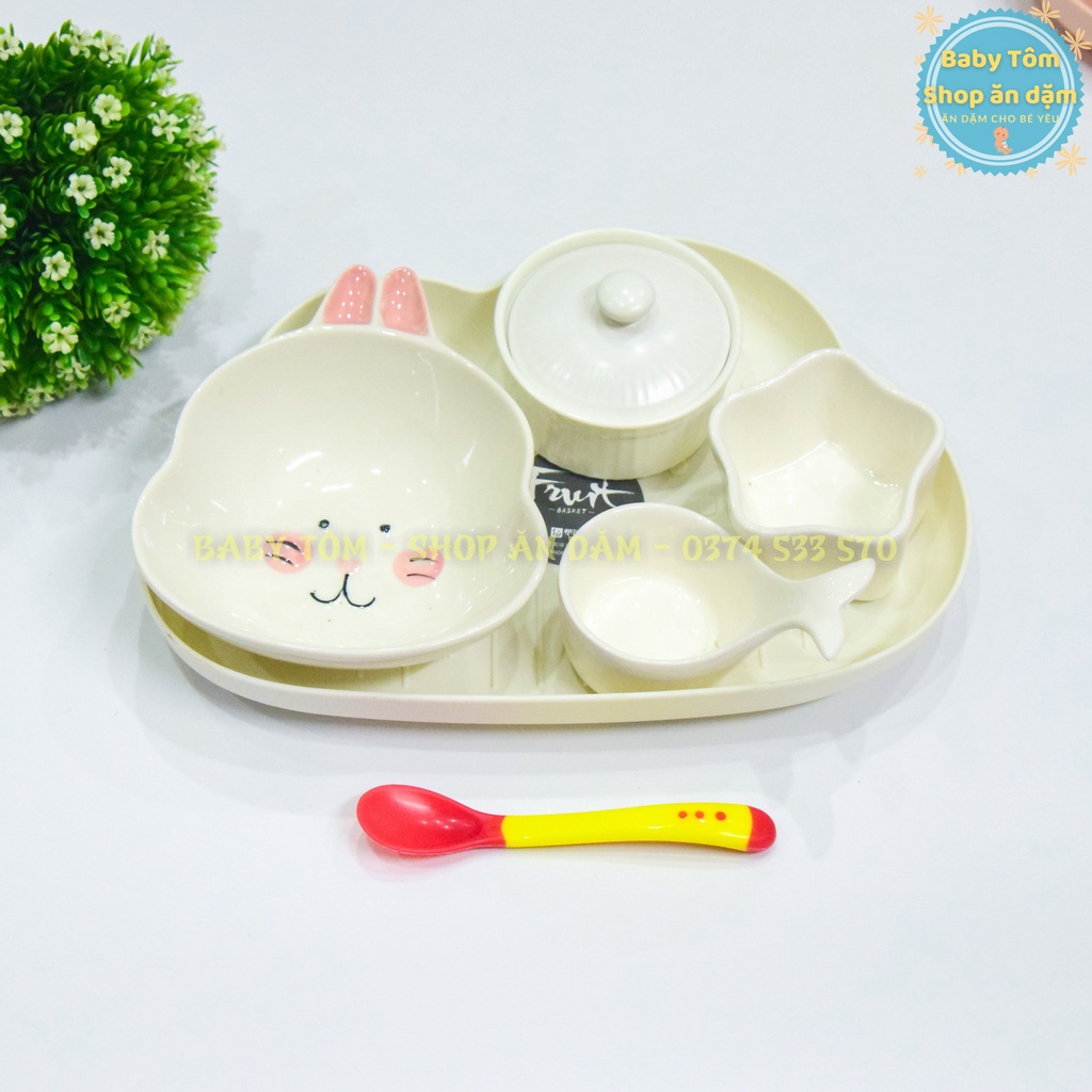 Bộ bát gốm sứ màu Trắng cho bé ăn dặm NPP Baby Tôm. Chén bát ăn dặm gốm sứ an toàn, đáng yêu