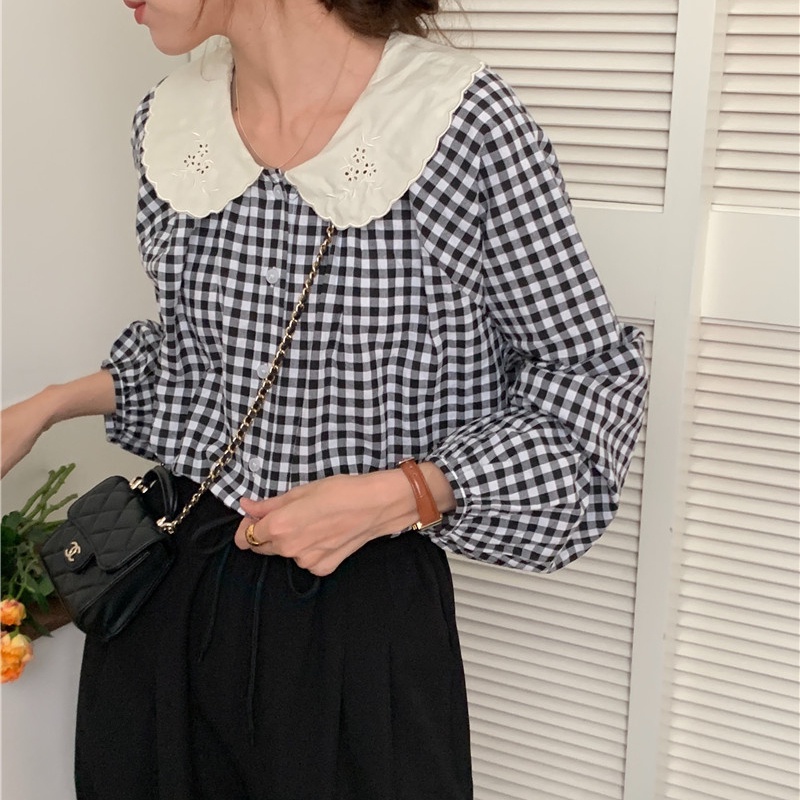 Áo sơ mi SUXI tay dài dáng rộng phối ren thêu họa tiết dễ thương phong cách Hàn Quốc thời trang cho nữ