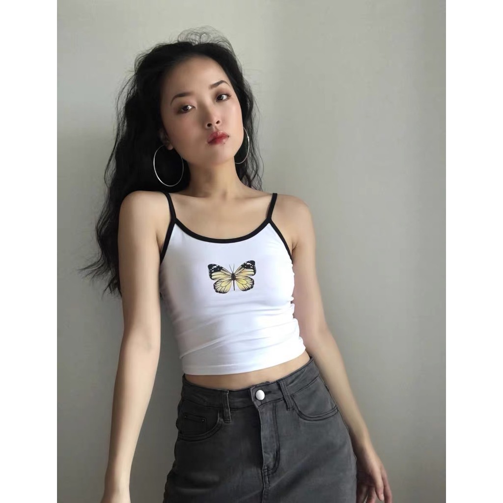 Áo croptop hai dây phối họa tiết bươm bướm phong cách Jennie BlackPink