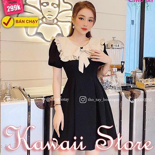 Váy đầm nữ dáng xòe đầm đen cổ bèo thắt nơ cực xinh