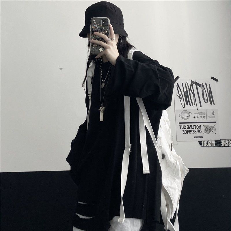 Jiashucheng Áo Thun Tay Dài Dáng Rộng Màu Trắng Rách Gối Phong Cách Hàn Quốc Thu Đông Mới Dễ Phối Đồ Cho Học Sinh Nữ @