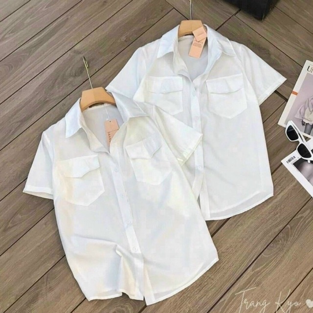 Áo sơ mi cộc tay nữ trắng có cổ form rộng HẠNH 96 HN10