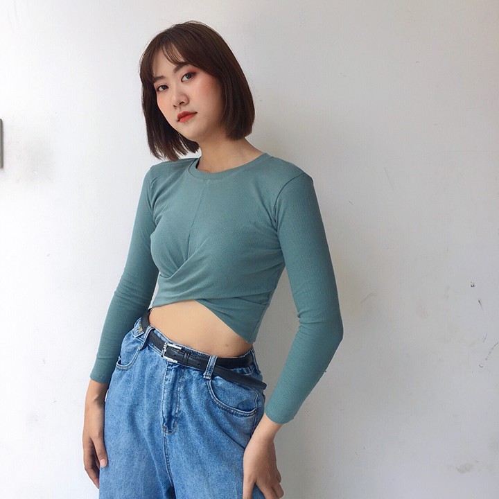 Áo croptop cổ tròn xoắn eo tay dài vải thun gân co giãn 4 chiều [Ảnh Thật]