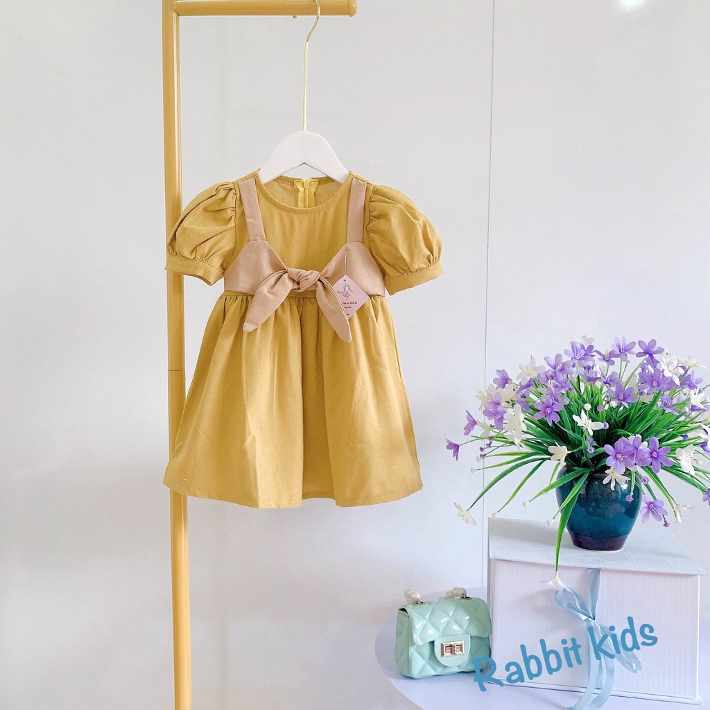 Váy Trẻ Em 💝FREESHIP💝 Đầm Bé Gái Hàng Thiết Kế Cao Cấp - Váy Hè Cộc Tay Linen Vàng Mù Tạt Sang Chảnh Cho Bé