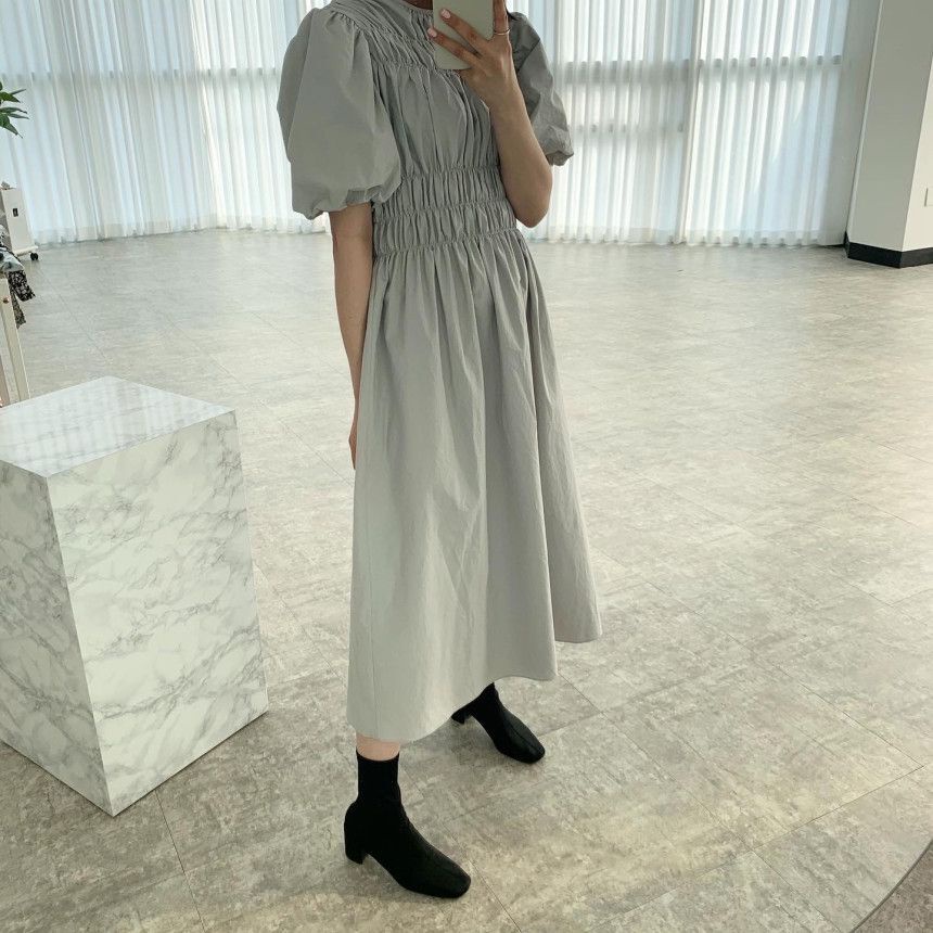 Đầm Dáng Chữ A Tay Phồng Xếp Ly Ôm Eo Kiểu Retro Kiểu Pháp Sang Trọng Phong Cách Hàn Quốc