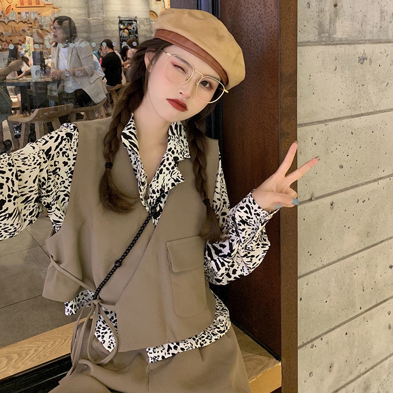 Set áo sơ mi tay dài và áo khoác không tay thiết kế mới thời trang theo phong cách vintage dành cho nữ