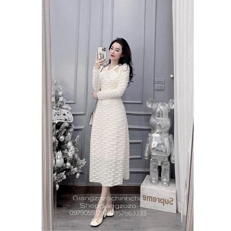 Váy thiết kế sóng nhăn cổ chéo dáng dài ba màu hàng hai lớp sang chảnh | BigBuy360 - bigbuy360.vn