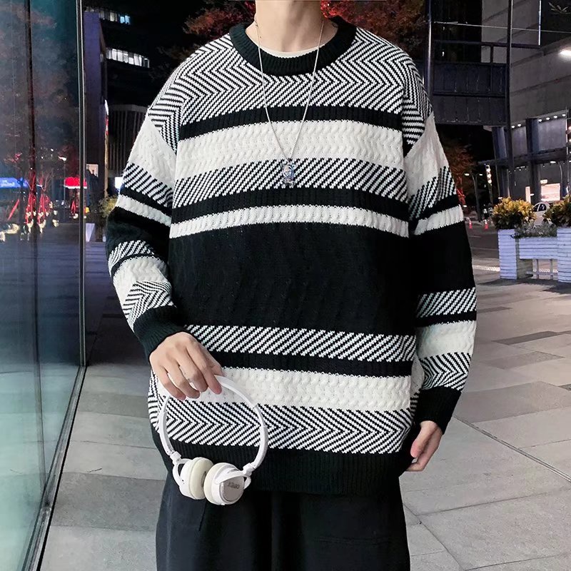 Áo sweater dệt kim dáng rộng tay dài kẻ sọc thời trang thu đông phong cách Nhật Bản cho nam size M-2XL