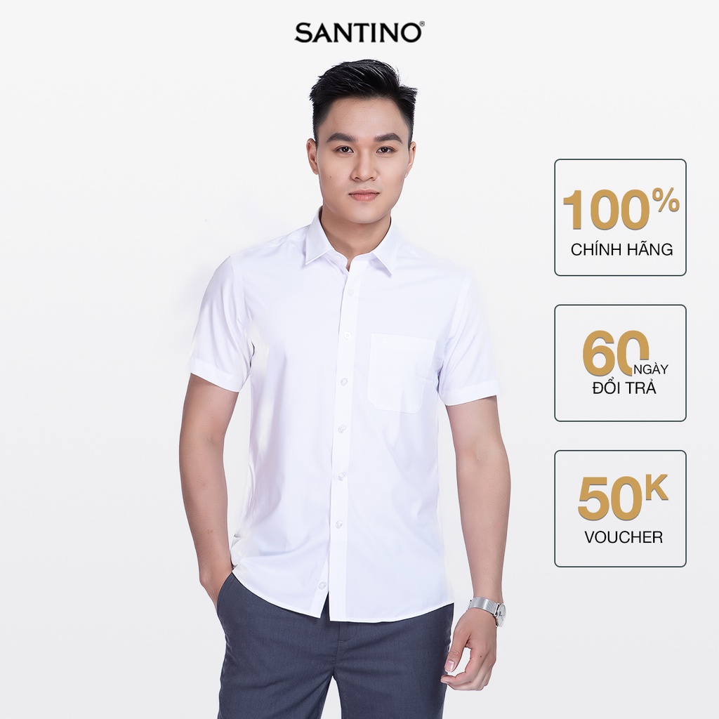 Áo sơ mi ngắn tay nam Gỗ Sồi SANTINO màu trắng có túi trước,form ôm nhẹ chống nhăn,thấm hút, trẻ trung lịch lãm ASCM101