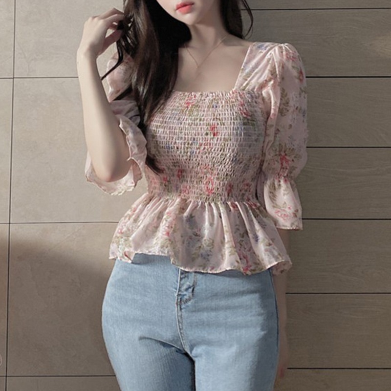 Áo Chiffon Tay Lửng Ống Loe Cổ Vuông In Họa Tiết Hoa Phong Cách Hàn Quốc Cho Nữ