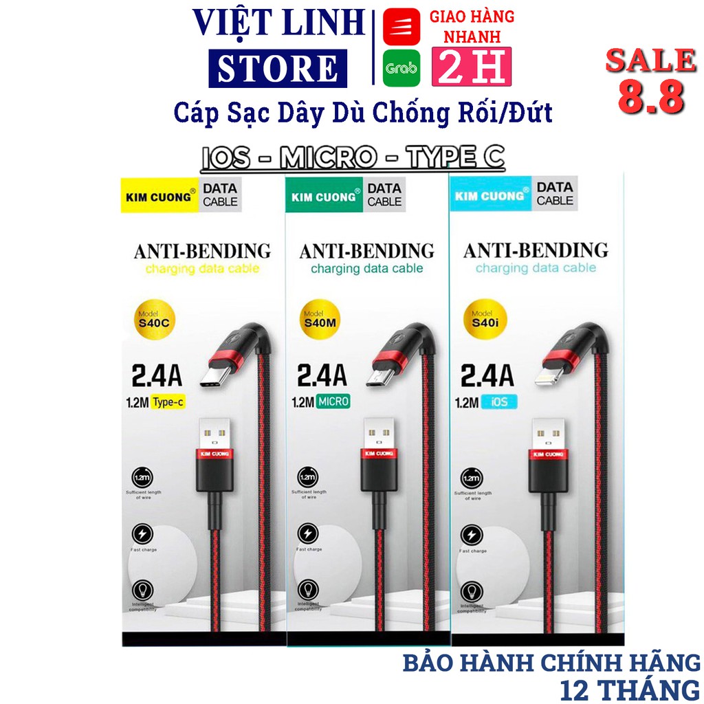 Dây cáp sạc nhanh iPhone, Samsung, đầu Android, Micro Type C IOS dây dù 1,2m không gãy S40 - Việt Linh Store