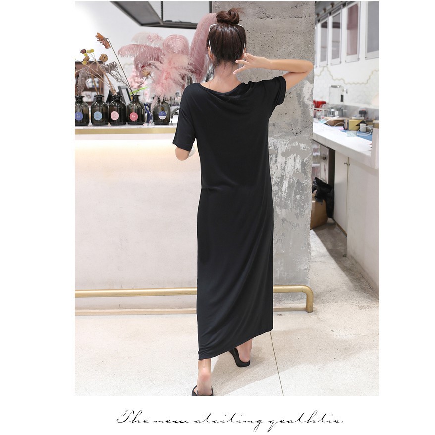 Women Plain Solid Short Sleeve Loose Comfortable Modal Casual Maxi Dress Plus Size 100KG C2600