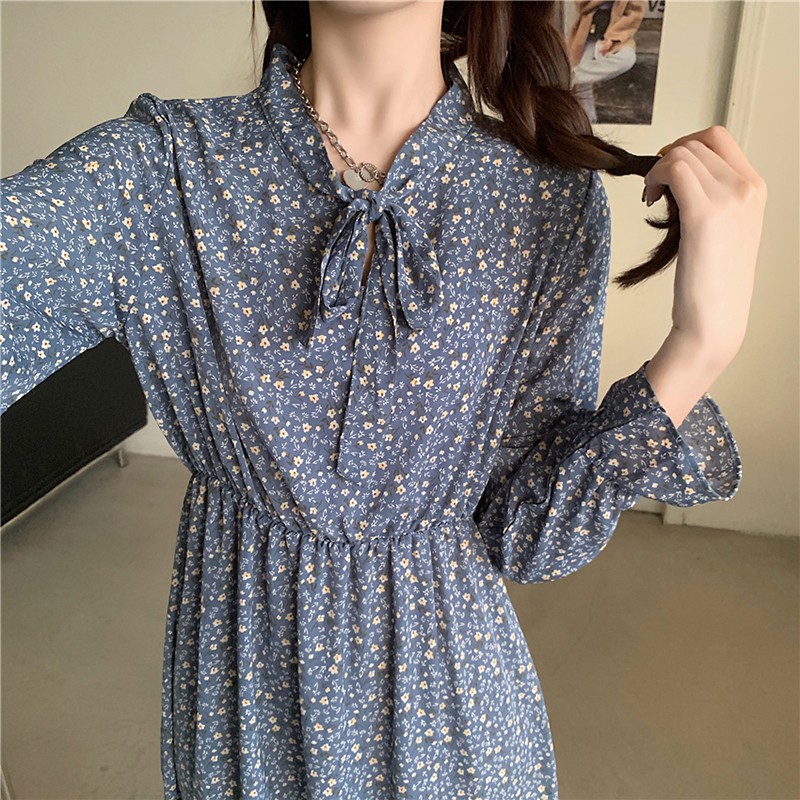 Đầm Dài Tay Màu Đen Họa Tiết Hoa Phong Cách Retro Pháp Cho Nữ